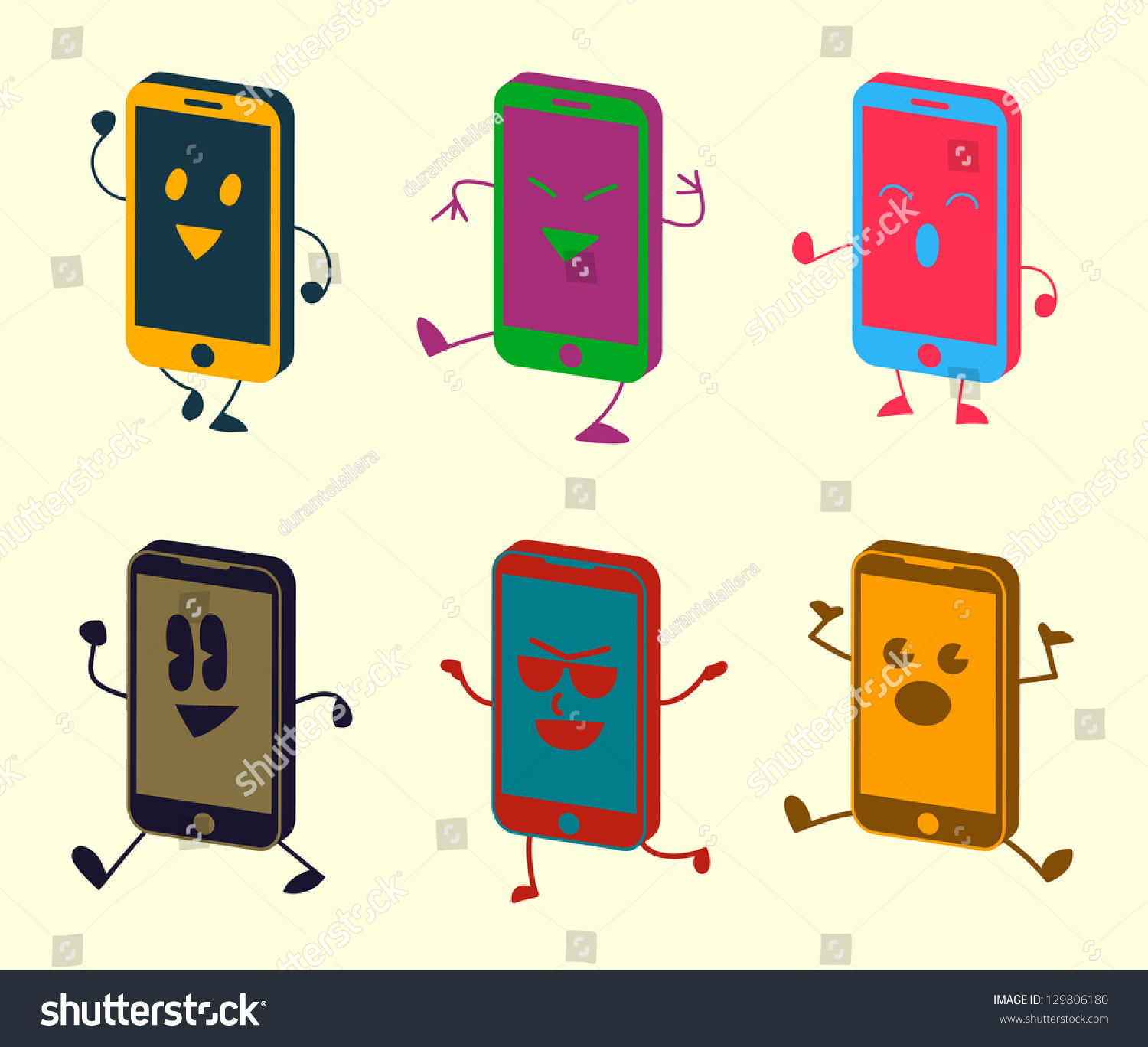 Happy Cute Kawaii Smart Phone Characters: เวกเตอร์สต็อก (ปลอดค่า