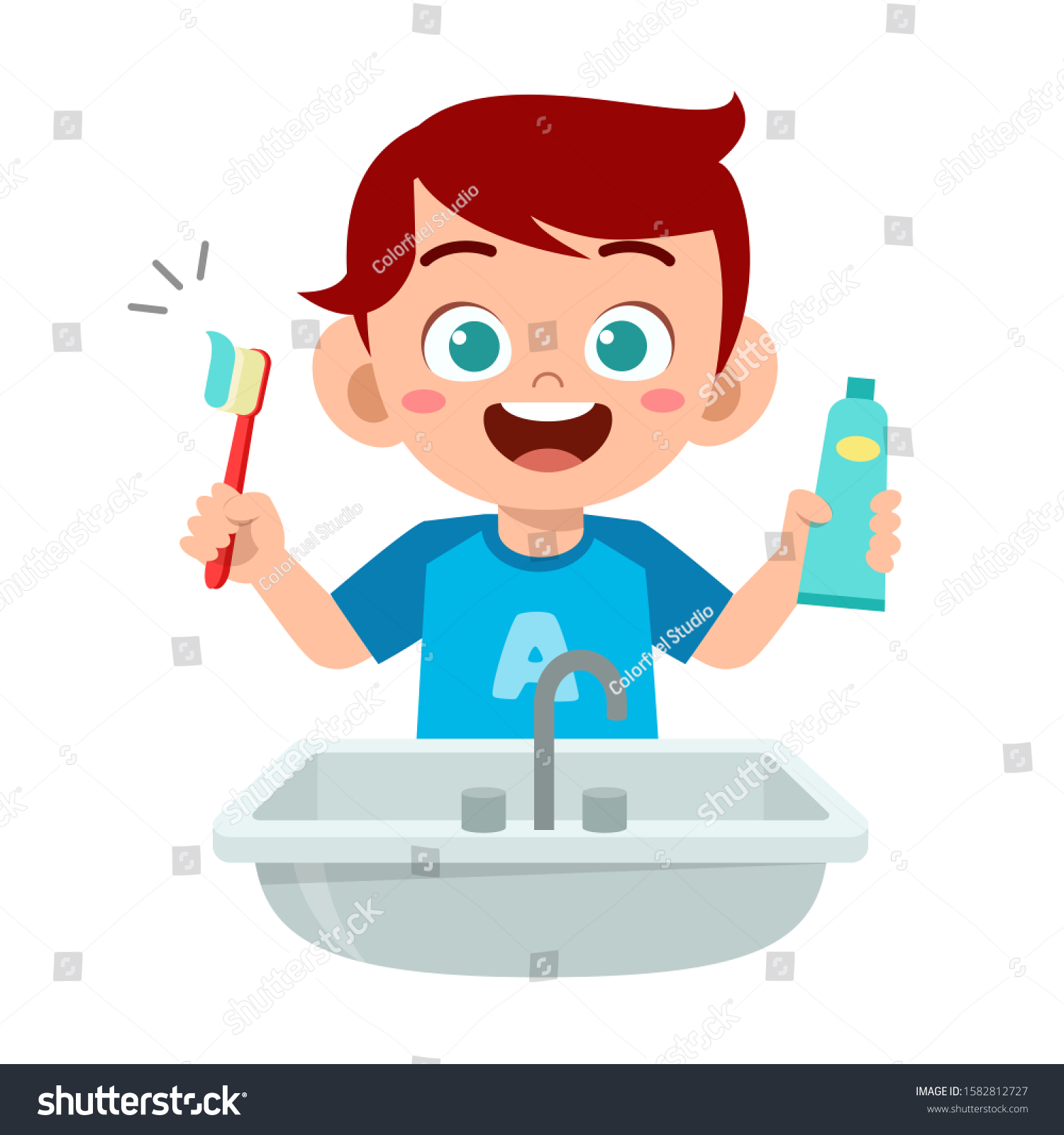 Happy Cute Kid Boy Brush Clean Stock Vector (royalty Free) 1582812727