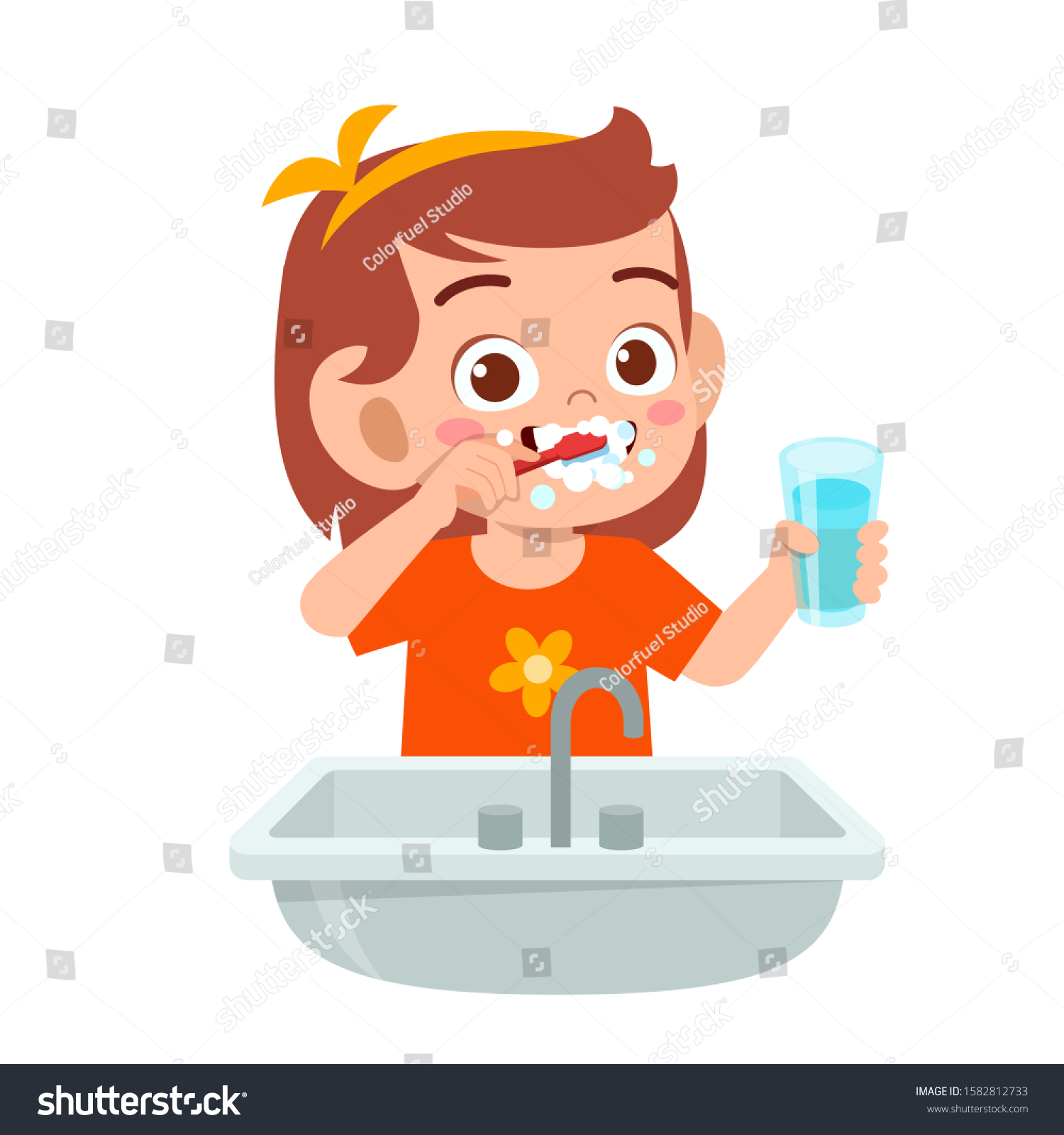 Happy Cute Kid Girl Brush Clean Stock Vector (Royalty Free) 1582812733