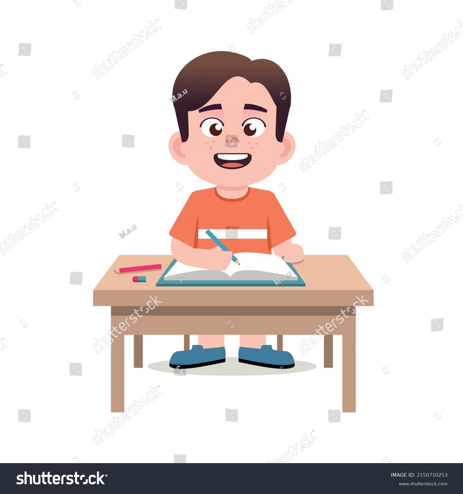 Happy Cute Kid Study On Table Stock Vector (royalty Free) 2150710253 