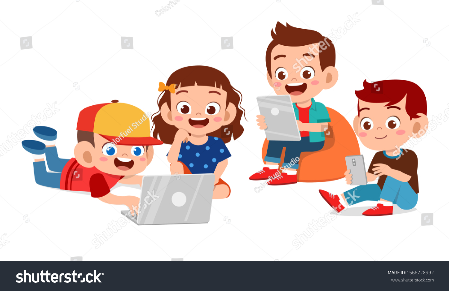 Happy Cute Kids Boy Girl Using Stock Vector (Royalty Free) 1566728992 ...