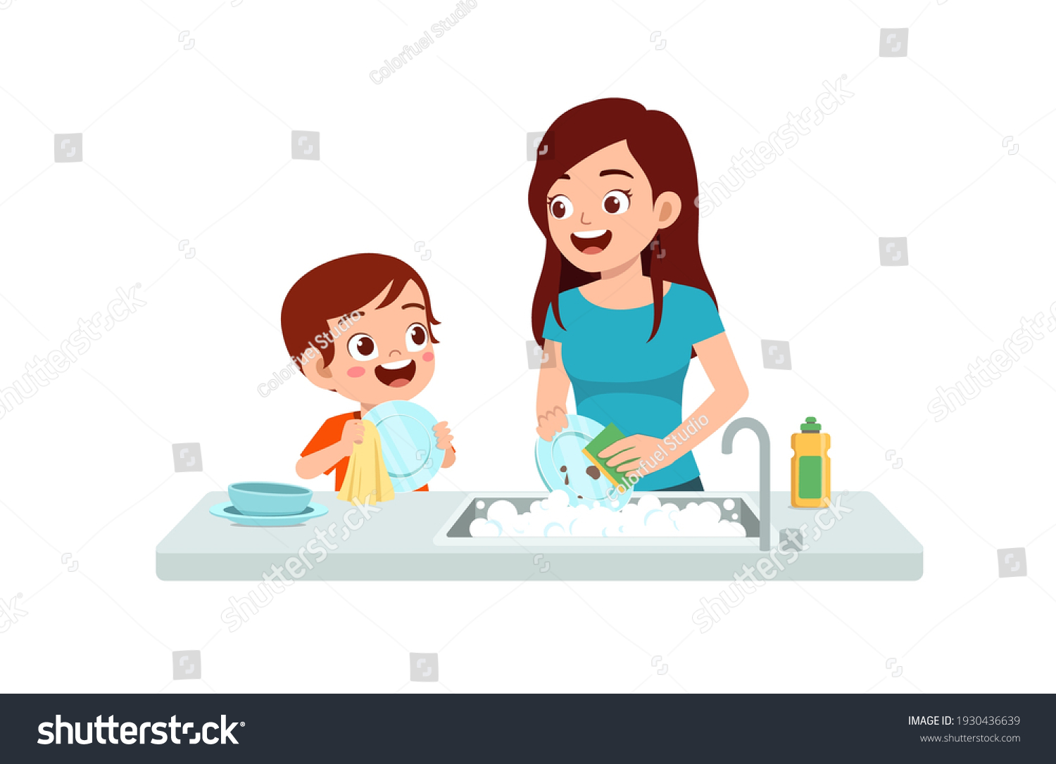 Happy Cute Little Boy Washing Dish Stock Vector (Royalty Free ...