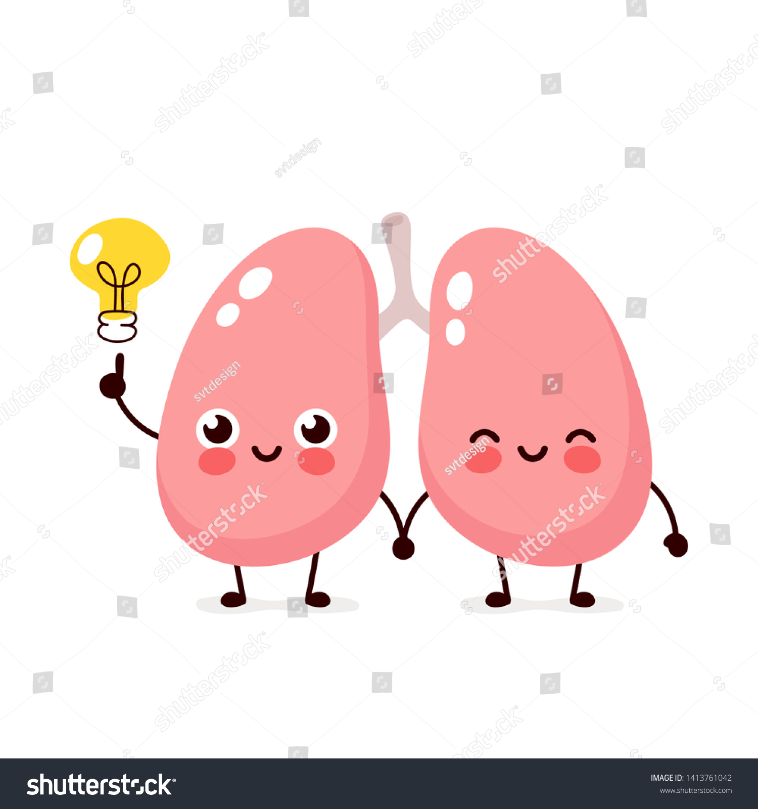 Happy Cute Lungs Lightbulb Charactervector Flat Stock Vector Royalty Free 1413761042