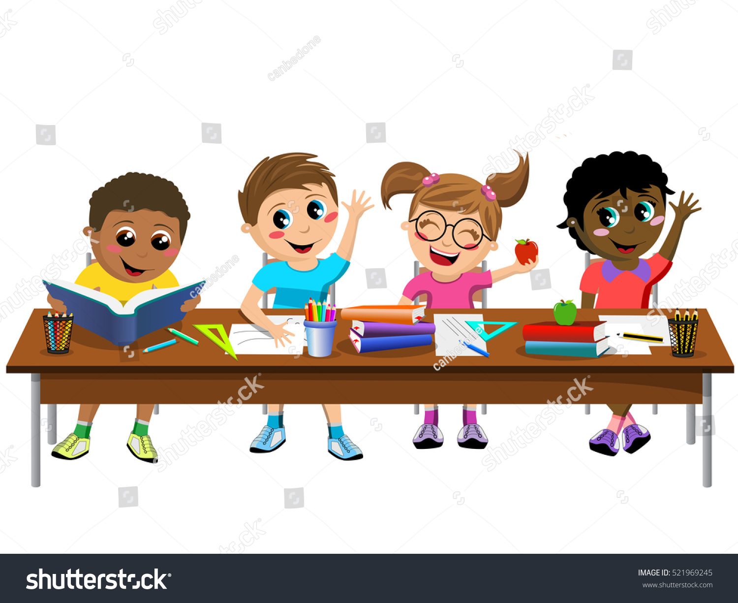 Happy Diligent Kids Children Sitting Desk Stock Vector Royalty