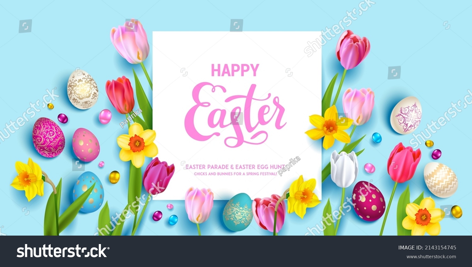 SVG of Happy Easter blue holiday banner. Beautiful background with realistic colored Easter eggs, daffodils and tulips. svg