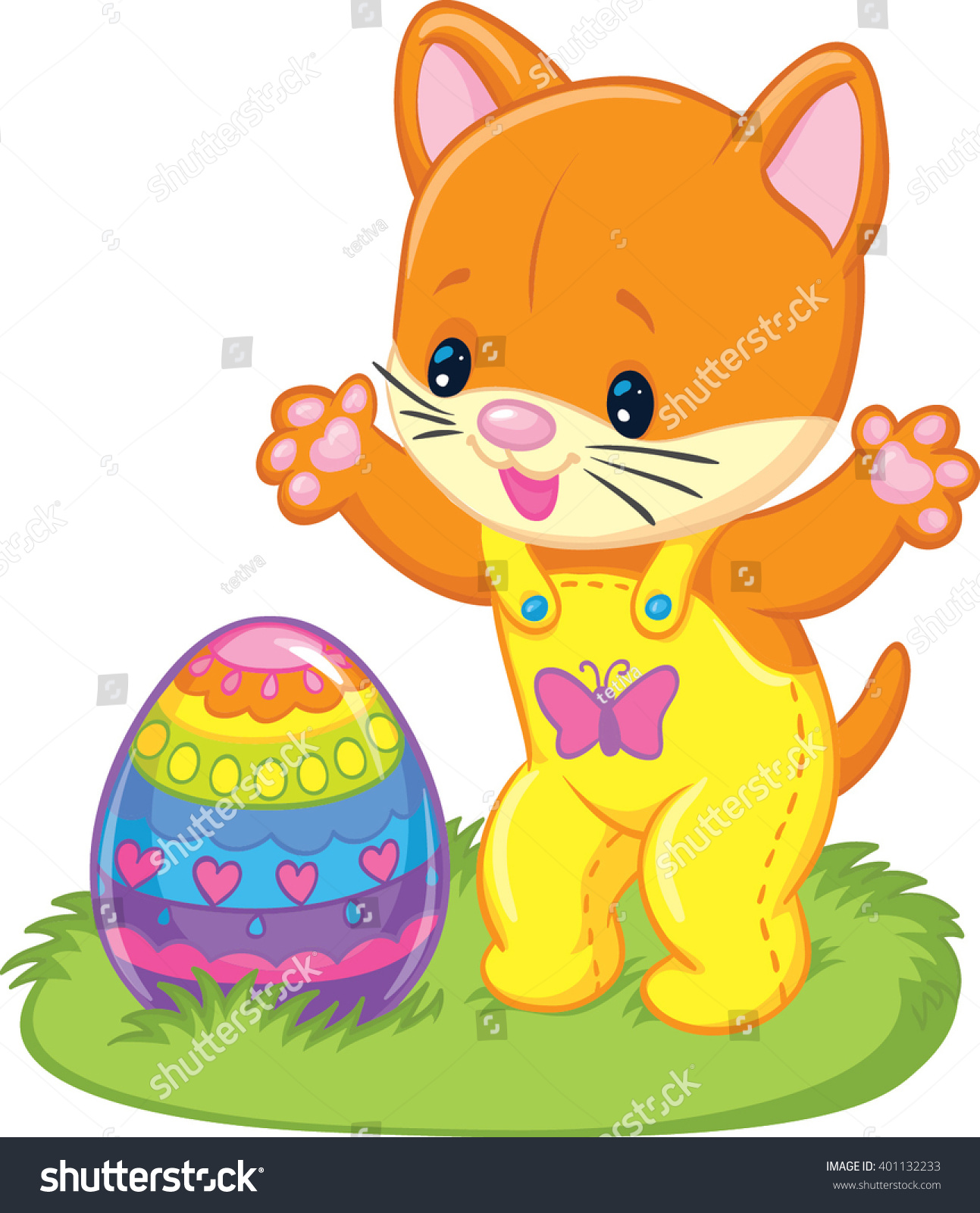 Happy Easter. Kitten found a decorated Easter Egg. Vector illustration