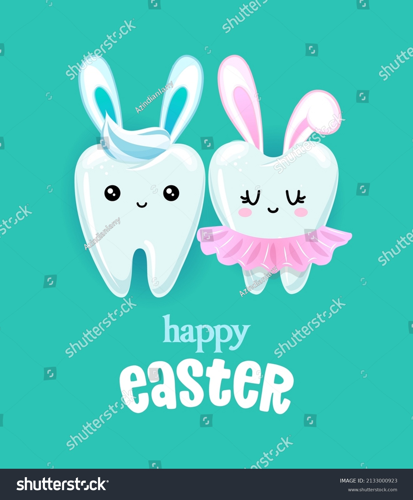 SVG of Happy Easter - Tooth couple character design in kawaii style. Hand drawn Tooth fairy with funny quote. Good for school prevention posters, greeting cards, banners, textiles. svg