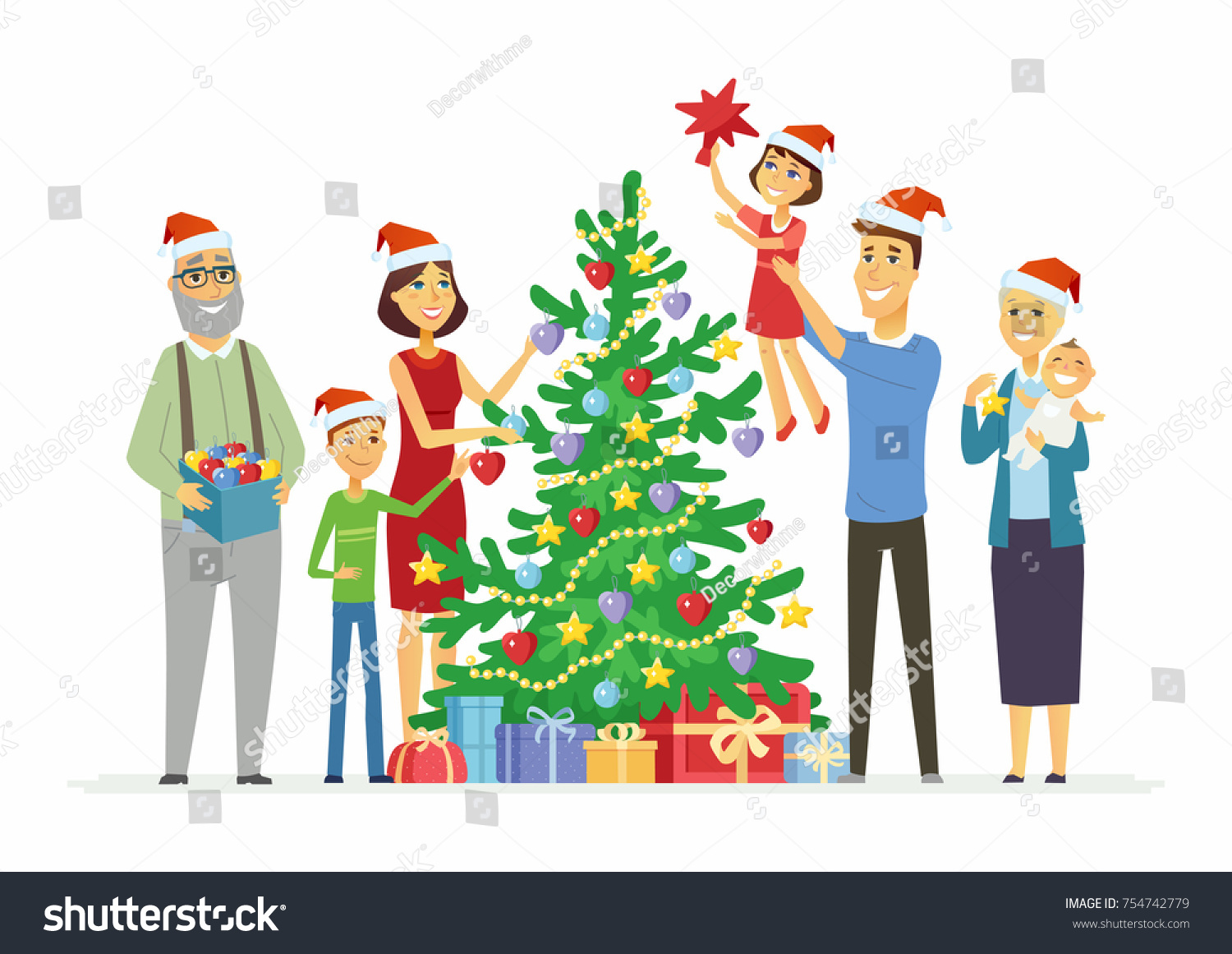 Happy Family Decorates Christmas Tree Cartoon Stock Vector (Royalty ...