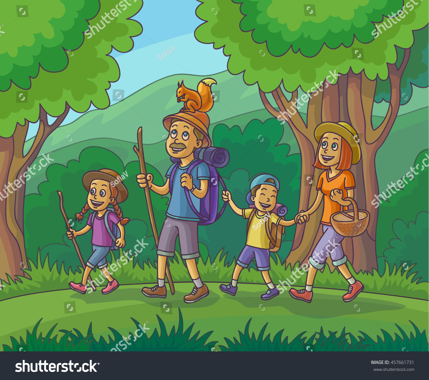 Happy Family Is Hiking In The Forest. Vector Illustration. - 457661731 ...