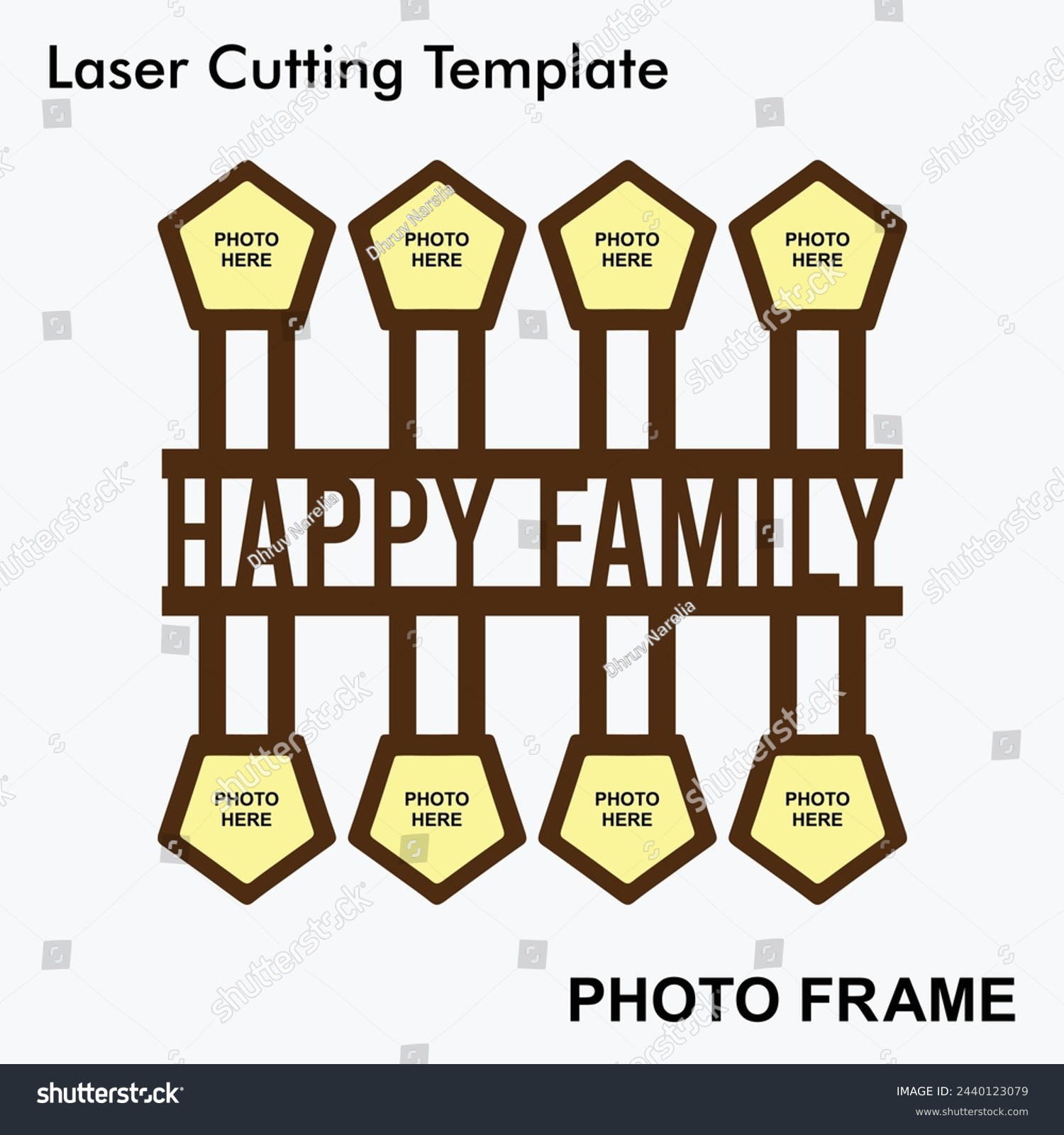 SVG of Happy Family laser cut photo frame with 8 photo. Home decor wooden sublimation frame template. Suitable for home and room decor. Laser cut photo frame template design for mdf and acrylic cutting. svg
