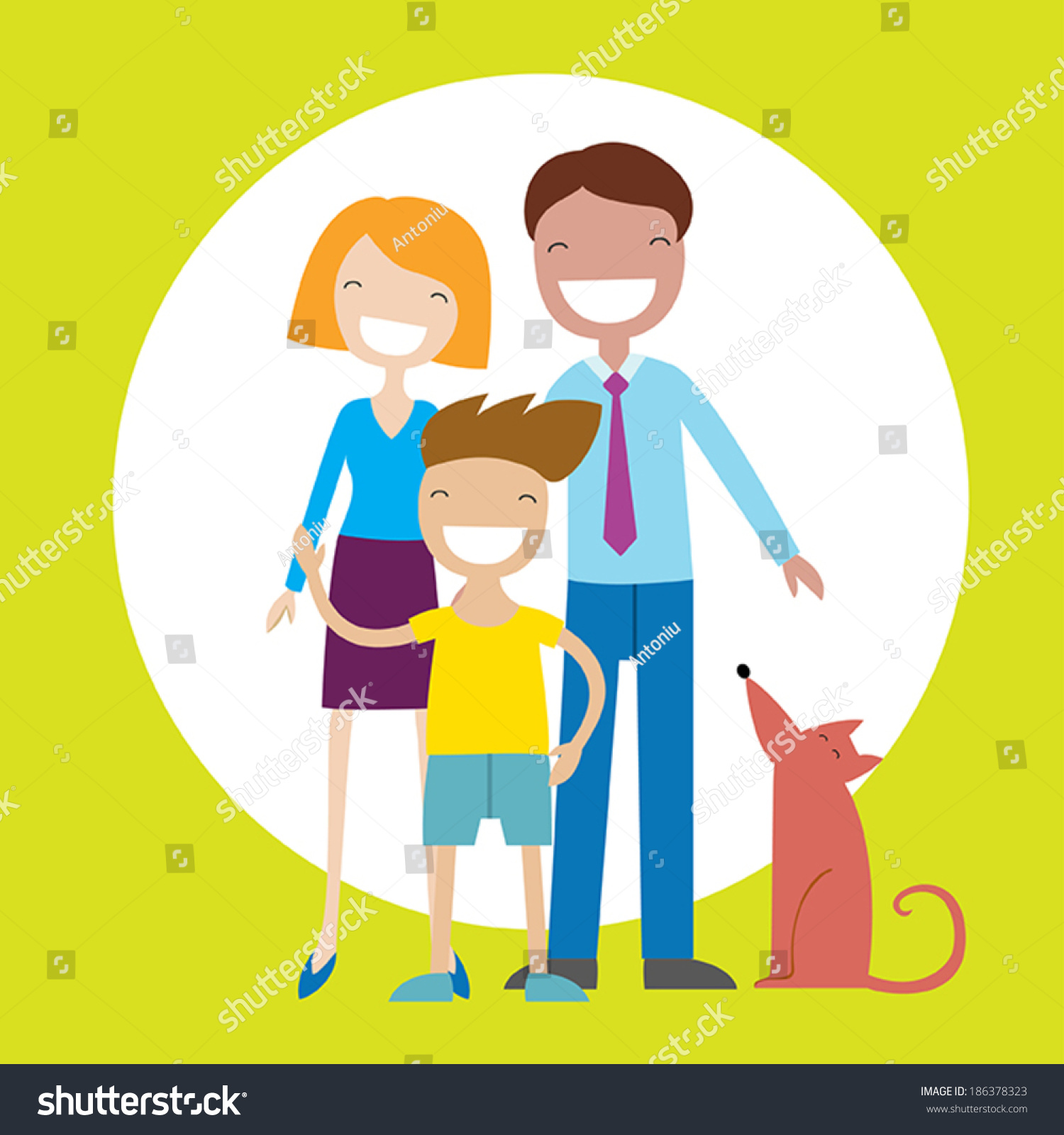 Happy Family Members: Parents, Their Son And A Dog. Lovely Cartoon ...