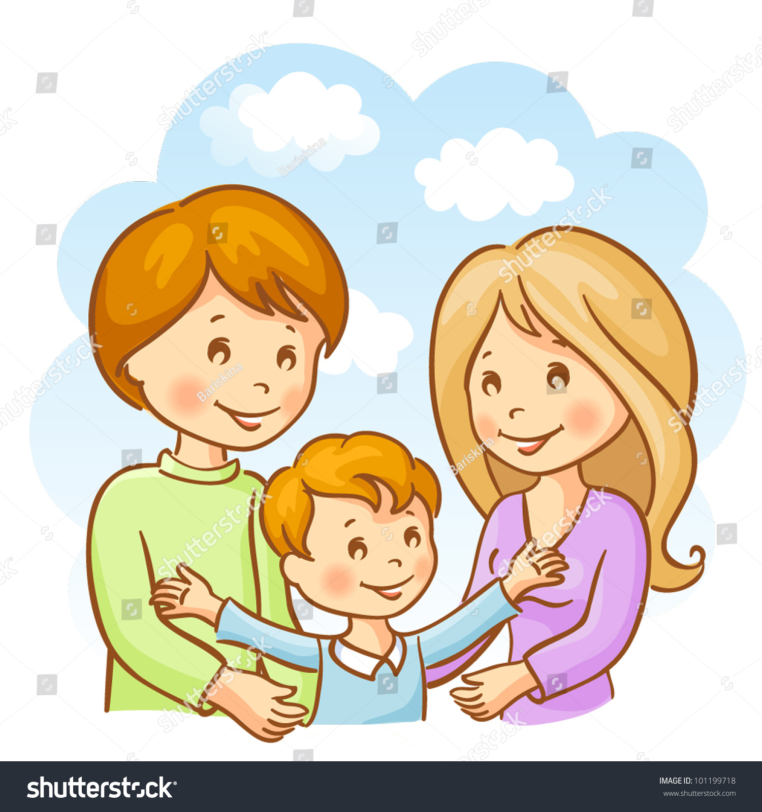 Happy Family On The Sky Background. Mother, Father And Son Stock Vector ...