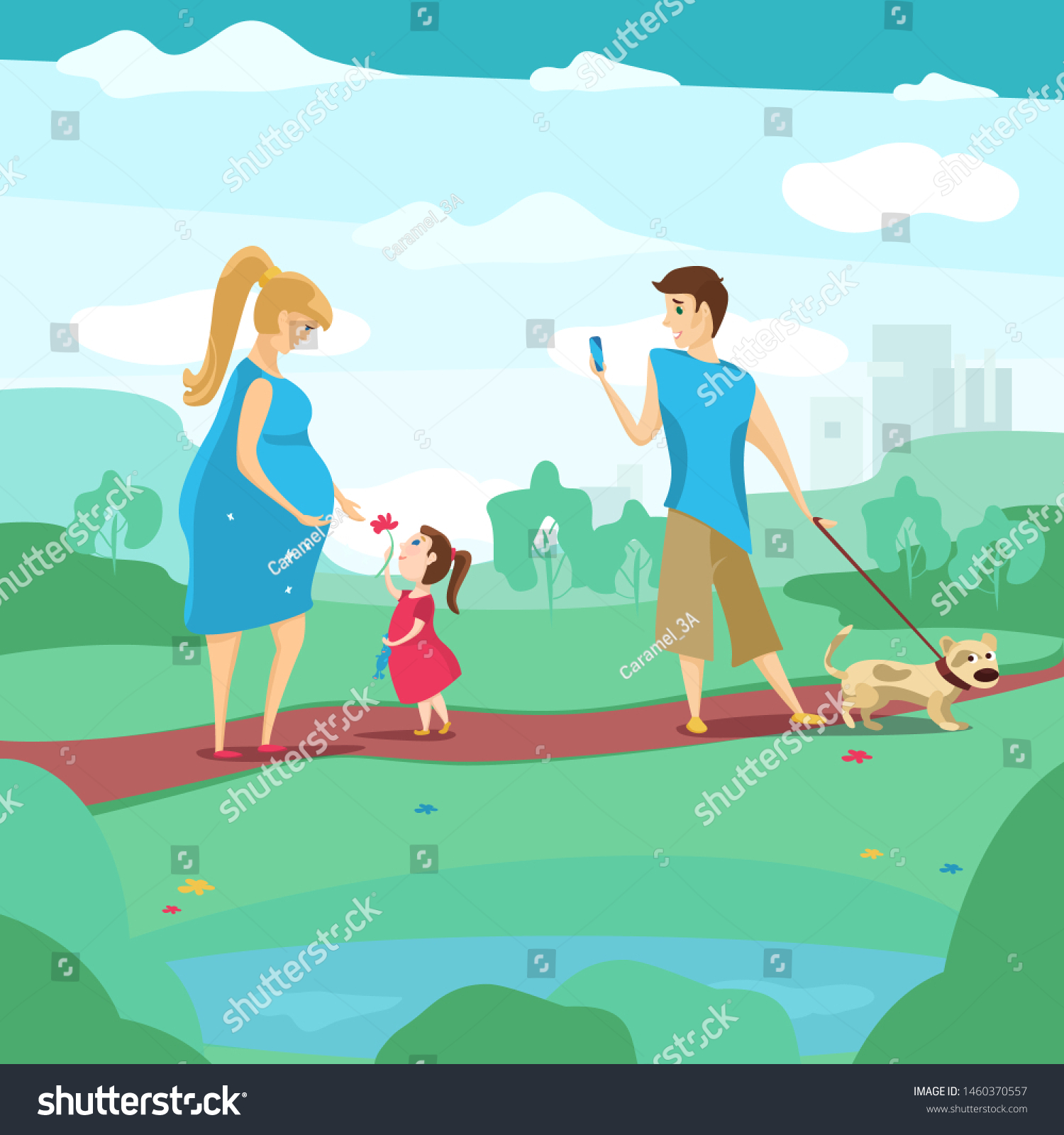 Happy Family Walking City Park Dog Stock Vector Royalty Free 1460370557