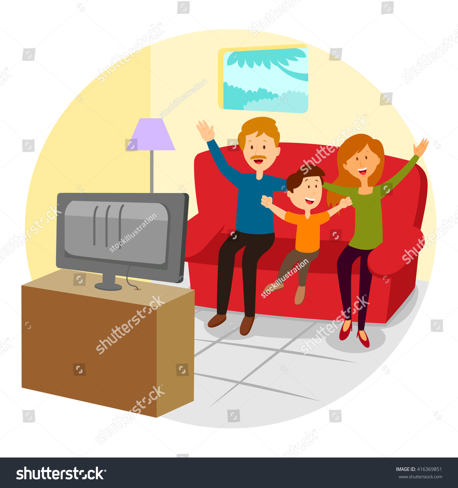 Happy Family Watching Television Together Vector Stock Vector 416369851 