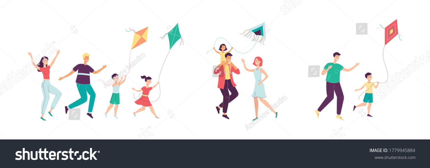 SVG of Happy family with children have fun with a kite. Parents and children fly a kite. Playing in the outdoor. A collection of vector flat cartoon illustrations isolated on a white background svg
