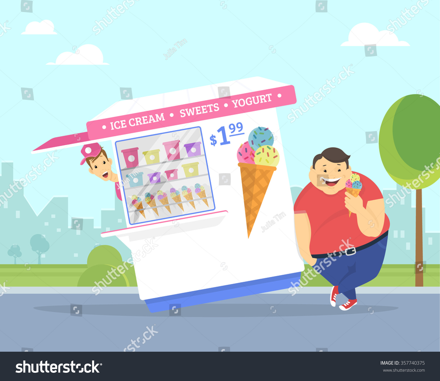 Happy Fat Man Eating Ice Cream Stock Vector Royalty Free