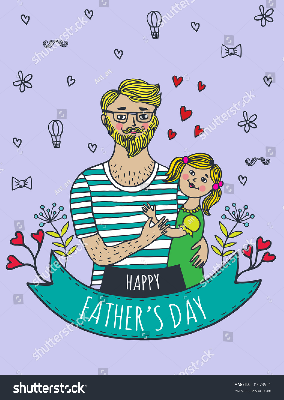 Happy Father'S Day Card With Dad And Daughter. Vector Illustrated Card ...