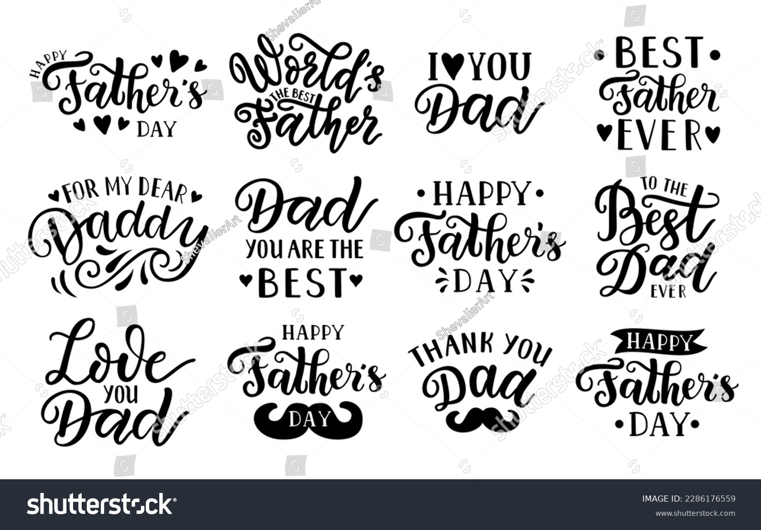 SVG of Happy Father's day, World's best dad, Thank you, Love you, For my dear daddy handdrawn lettering quotes. Handwritten decorative phrases. EPS 10 isolated vector illustration for prints, cutting designs svg
