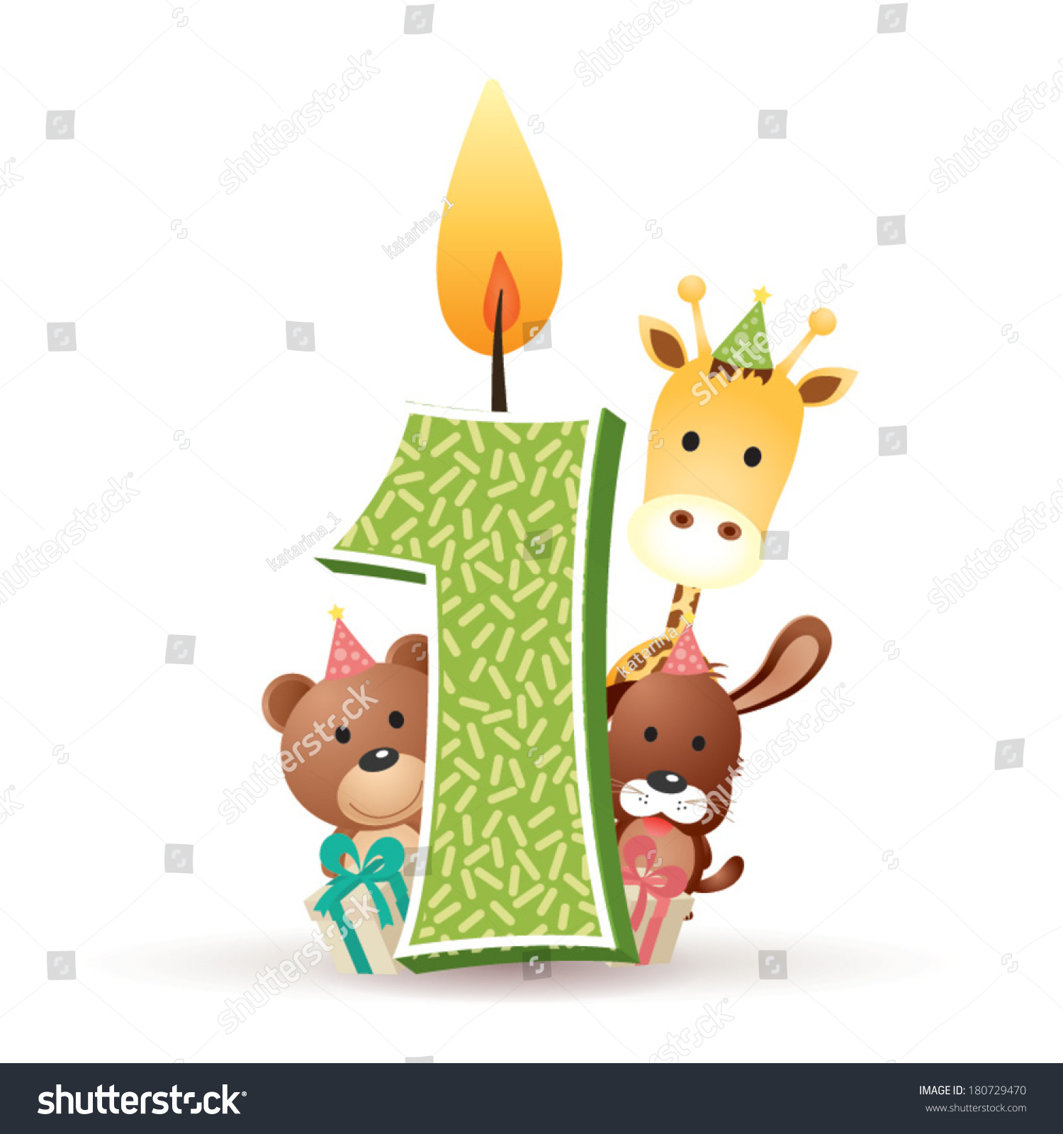 Happy First Birthday Candle Animals Isolated Stock Vector Royalty Free