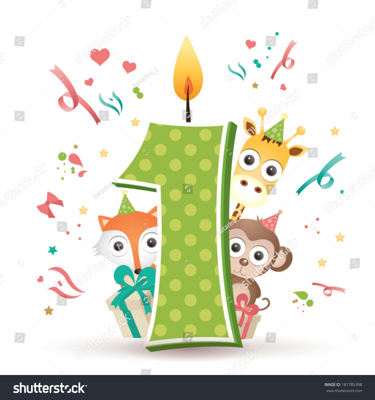 Happy First Birthday Candle And Animals Isolated On White Stock Vector ...