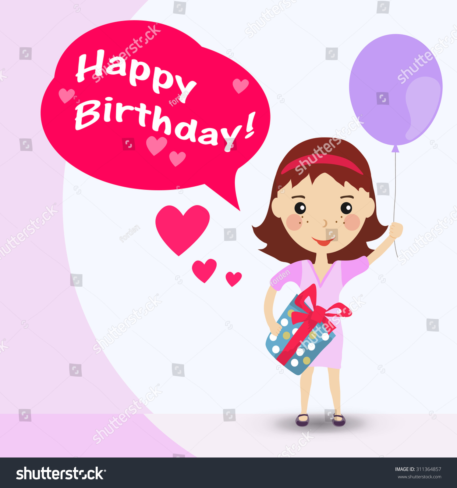 Happy Girl With A Balloon In Purple Dress. Happy Birthday Card. Cartoon ...