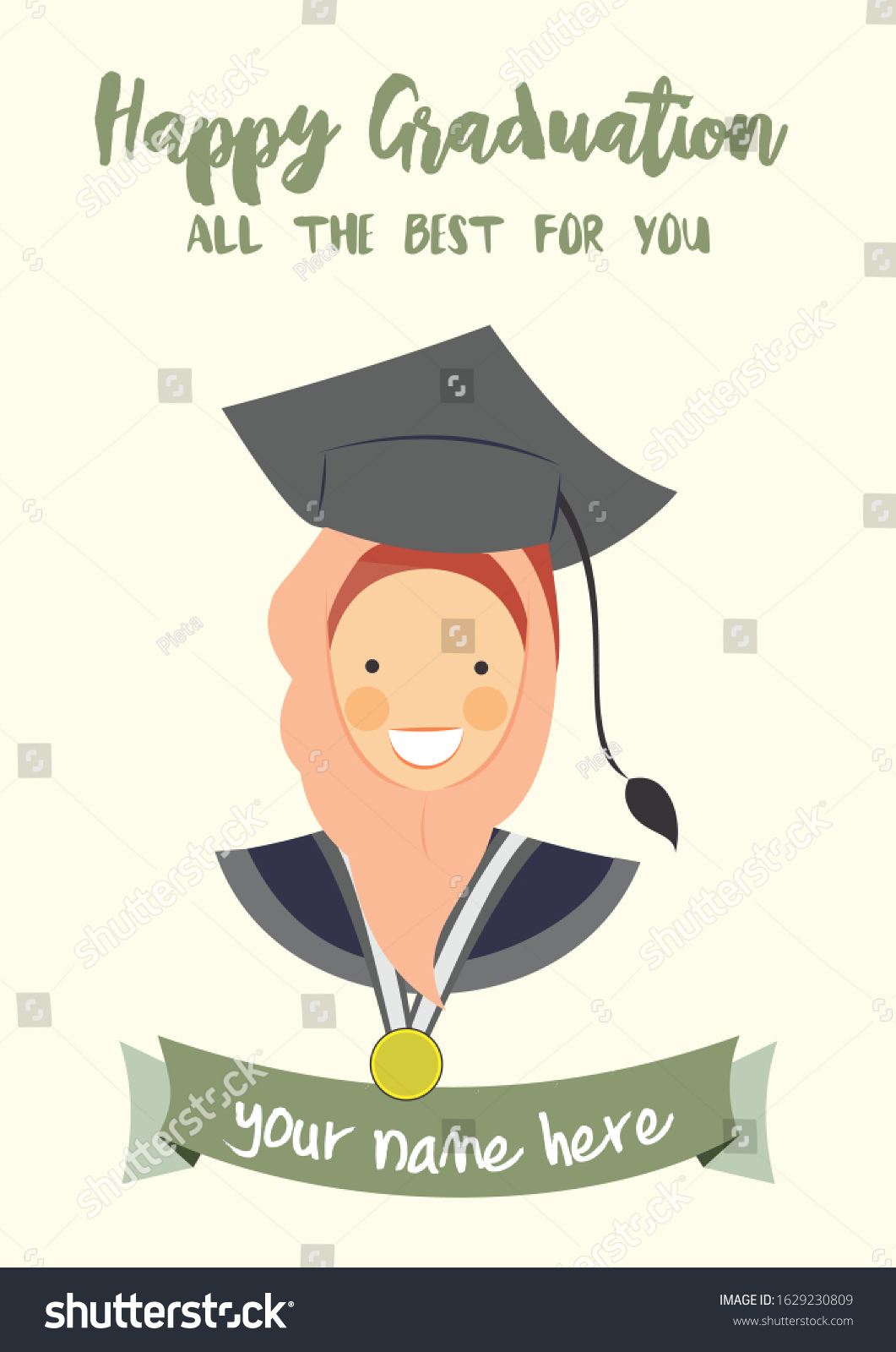 Happy Graduation Greetings Muslim Cute Character: Stock With Graduation Banner Template