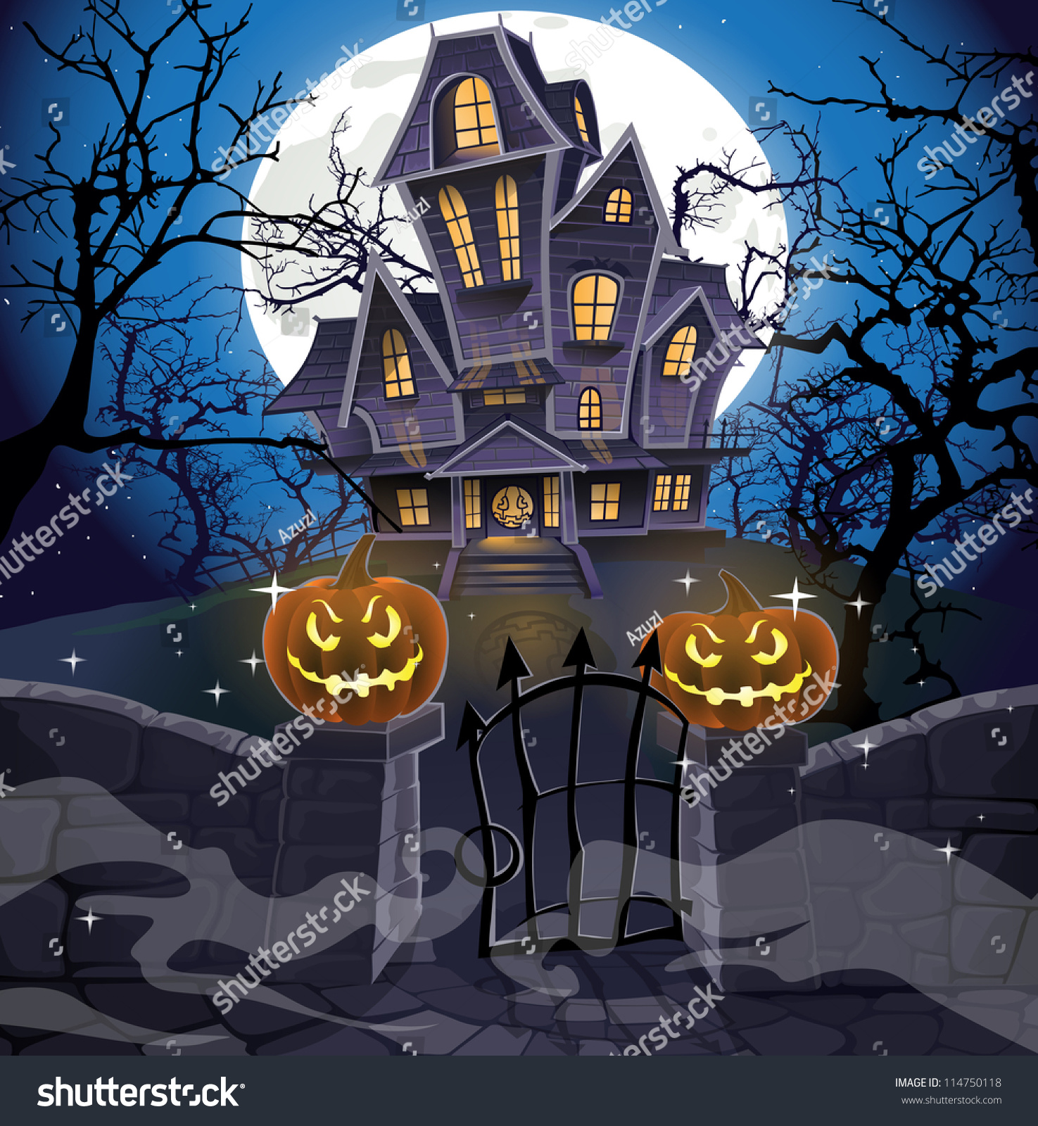Happy Halloween Cozy Haunted House Behind Stock Vector (Royalty Free ...
