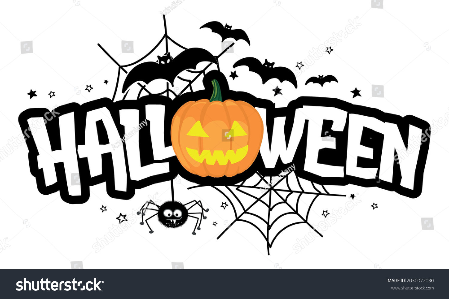 SVG of Happy Halloween - halloween quote on white background with a cute hanging spider and jack o lantern pumpkin.  Good for t-shirt, mug, banner, gift, printing press. Holiday quote, Sales promotion. svg