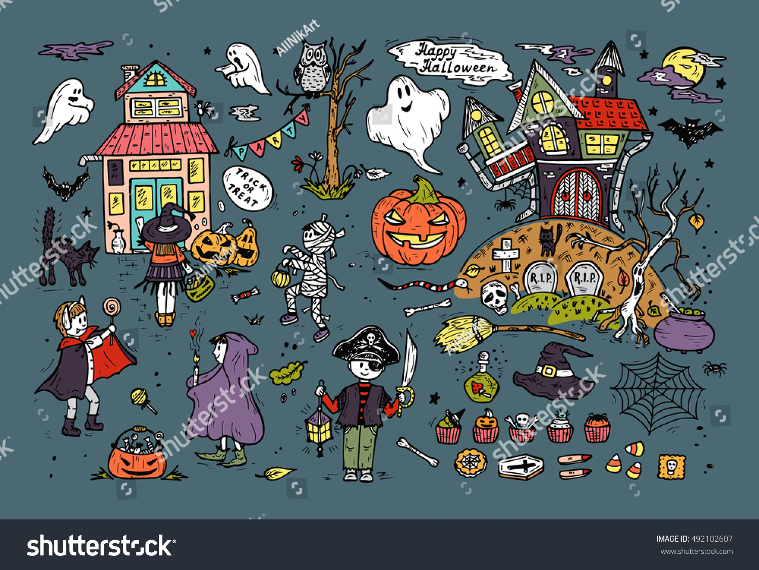 SVG of Happy Halloween. Set of Hand Drawn Doodle Cute Children in Halloween Costumes and various halloween night holiday design elements svg