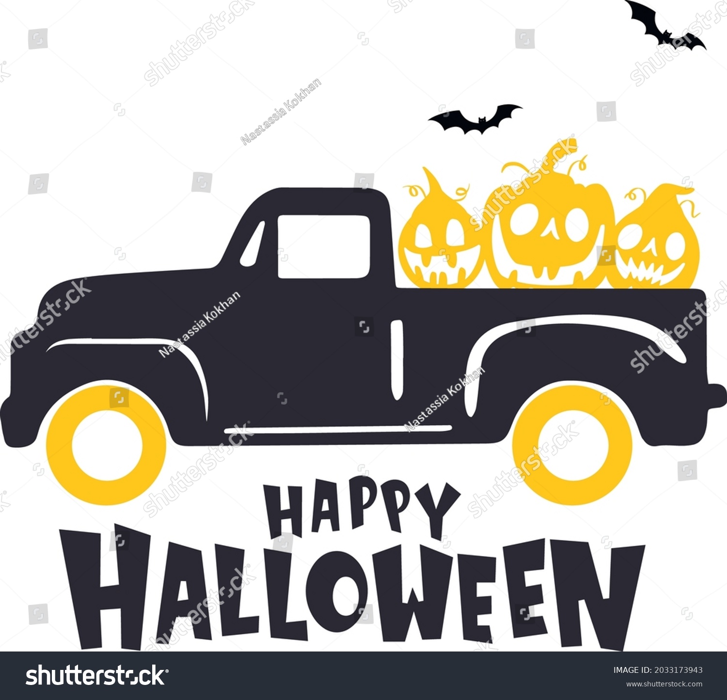 SVG of Happy halloween truck svg vector Illustration isolated on white background.Halloween pumpkin truck. Halloween truck with pumpkin face sublimation. Halloween shirt design svg