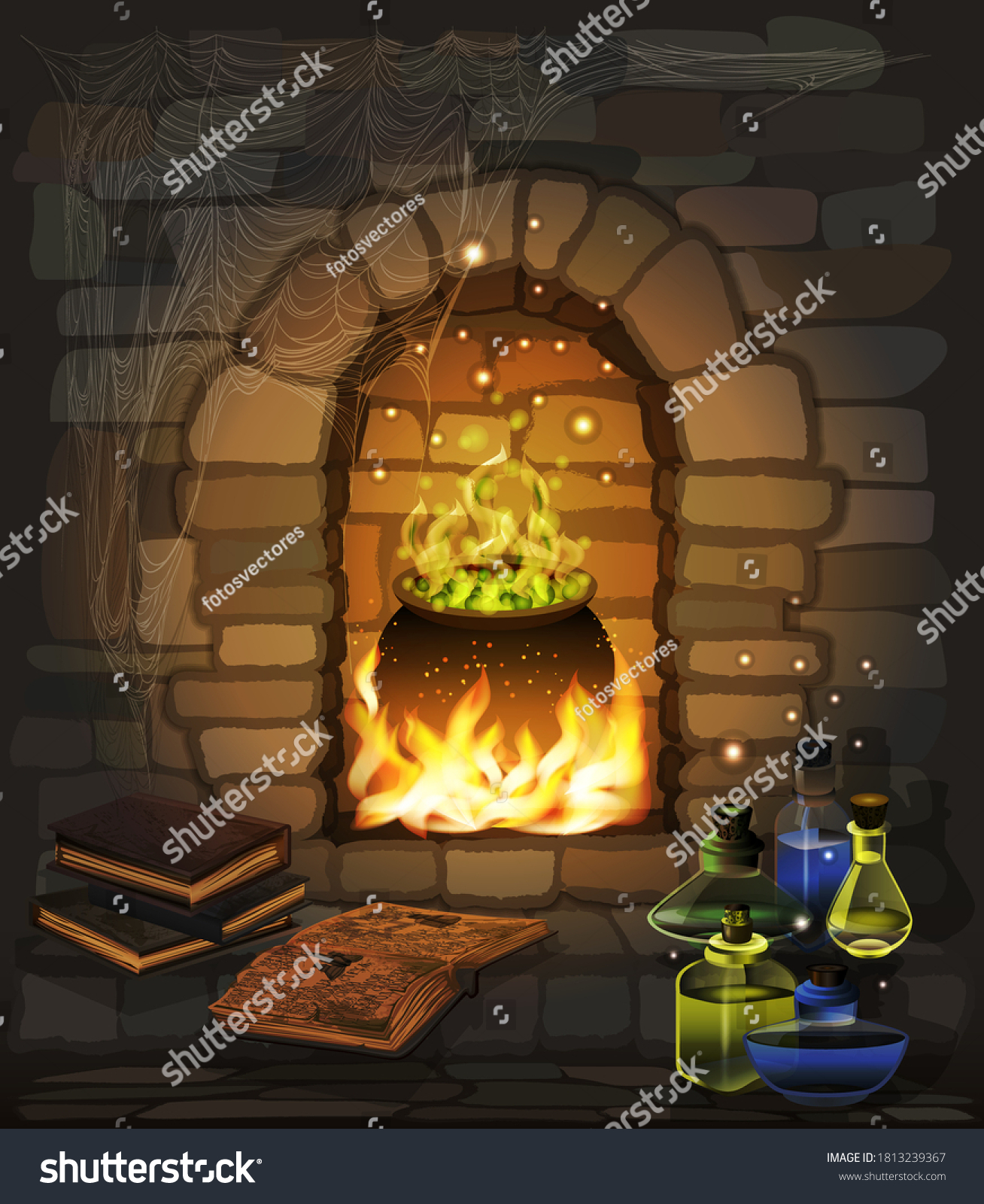 暖炉と魔法の釜付きハッピーハロウィーンの壁紙 魔女の本 ガラスのびん ベクターイラスト のベクター画像素材 ロイヤリティフリー