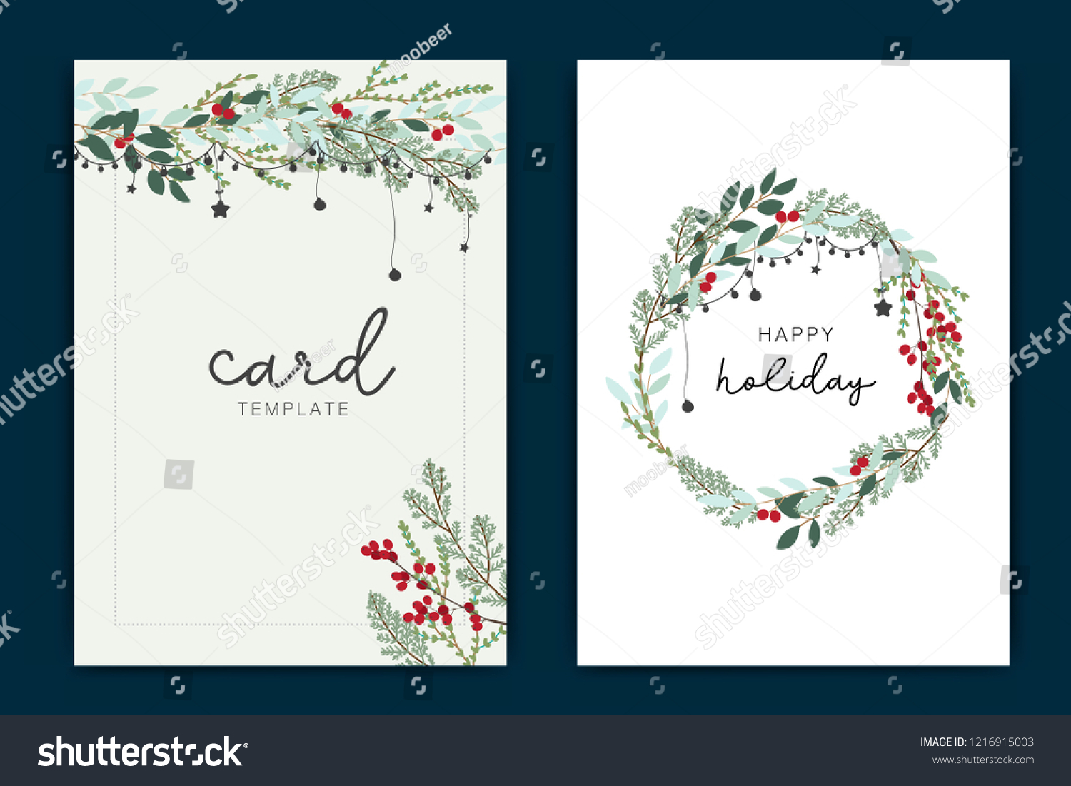 Happy Holidays Card Vorlage mit grünem Blatt und roter Beere With Regard To Happy Holidays Card Template
