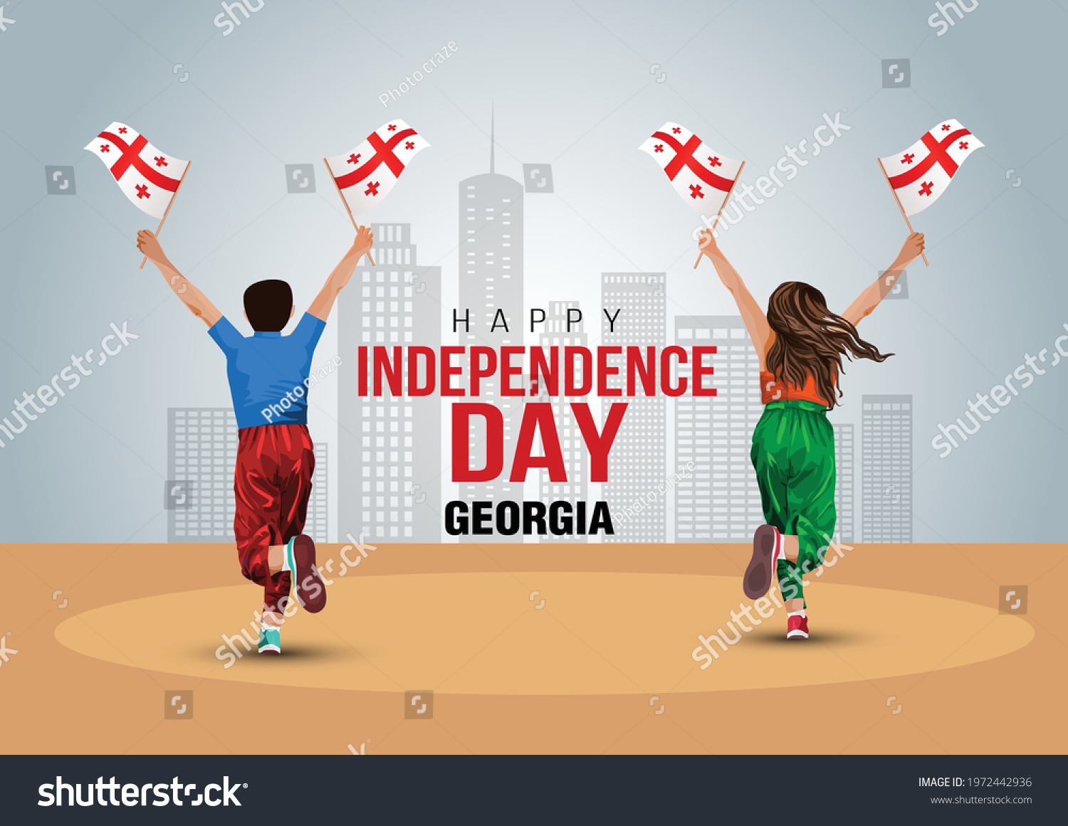 SVG of happy independence day Georgia 26th May. a boy and girl running with Georgia flag. vector illustration design. svg