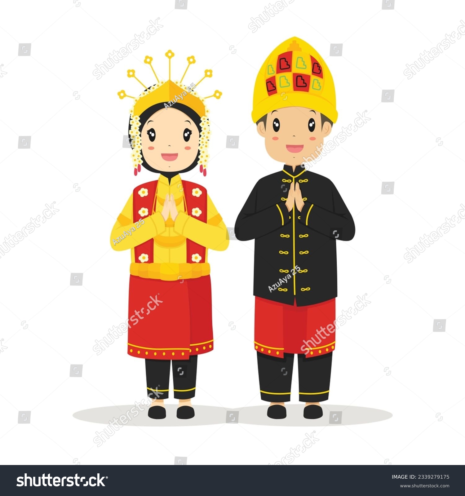 SVG of Happy Indonesian couple with greeting, welcome hand gesture.  Couple wearing Aceh traditional dress cartoon vector. svg
