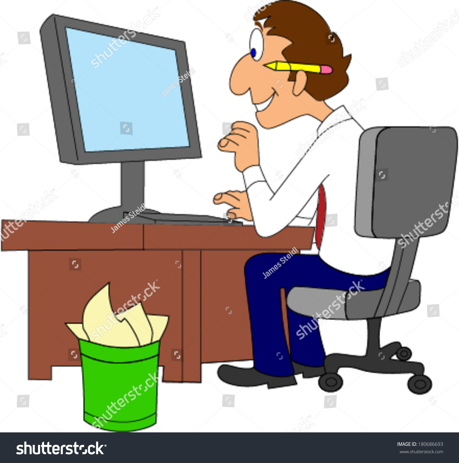 Happy Worker Desk Working On Computer Stock Vector (Royalty Free ...