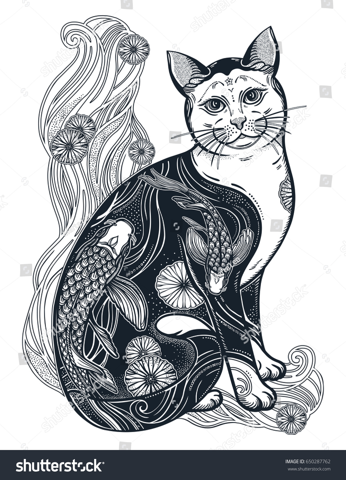 Happy Japanese Folklore Cat Traditional Flower Stock Vector (Royalty ...