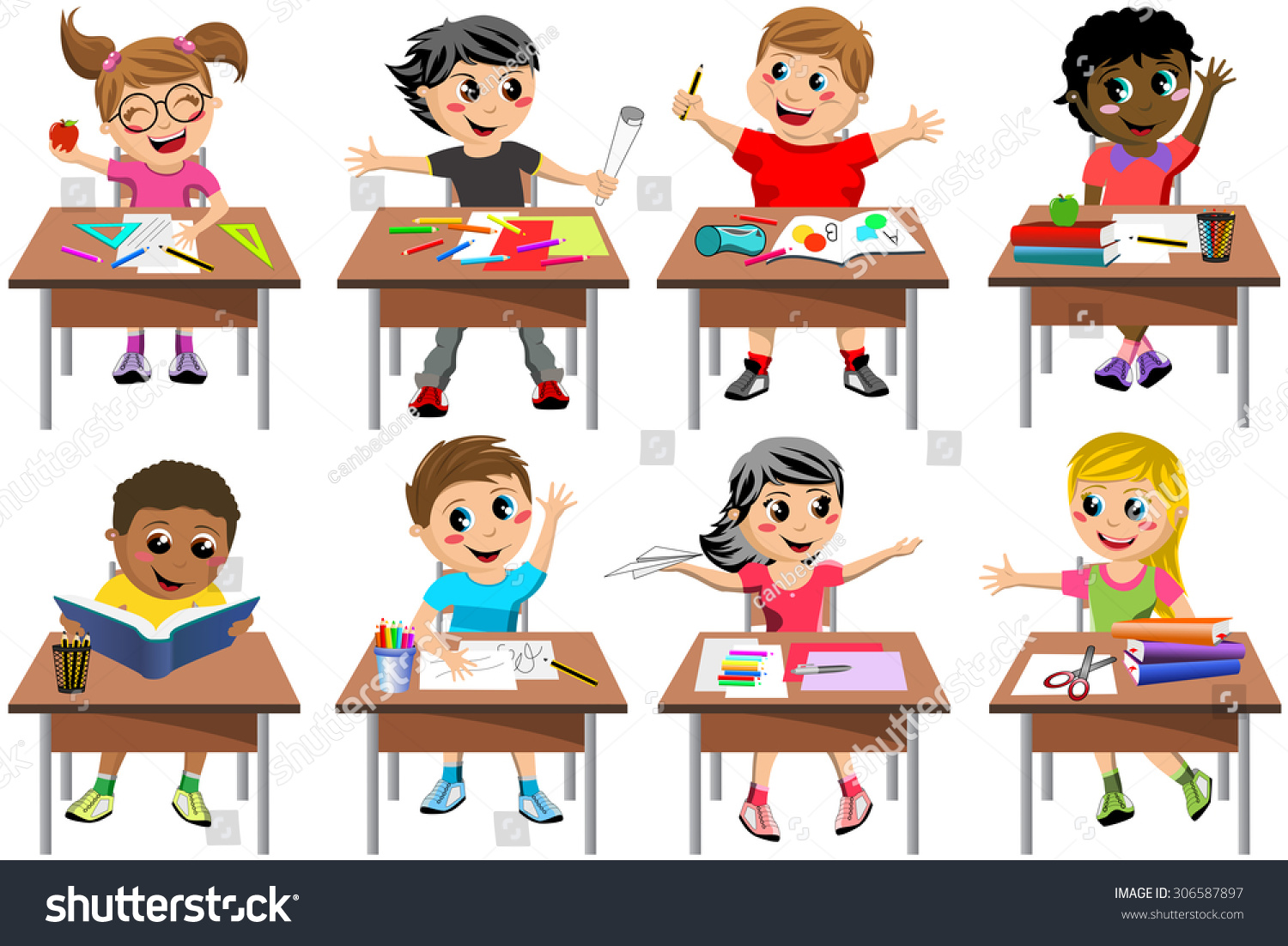 Happy Kids Children Sitting Desk School Stock Vektorgrafik