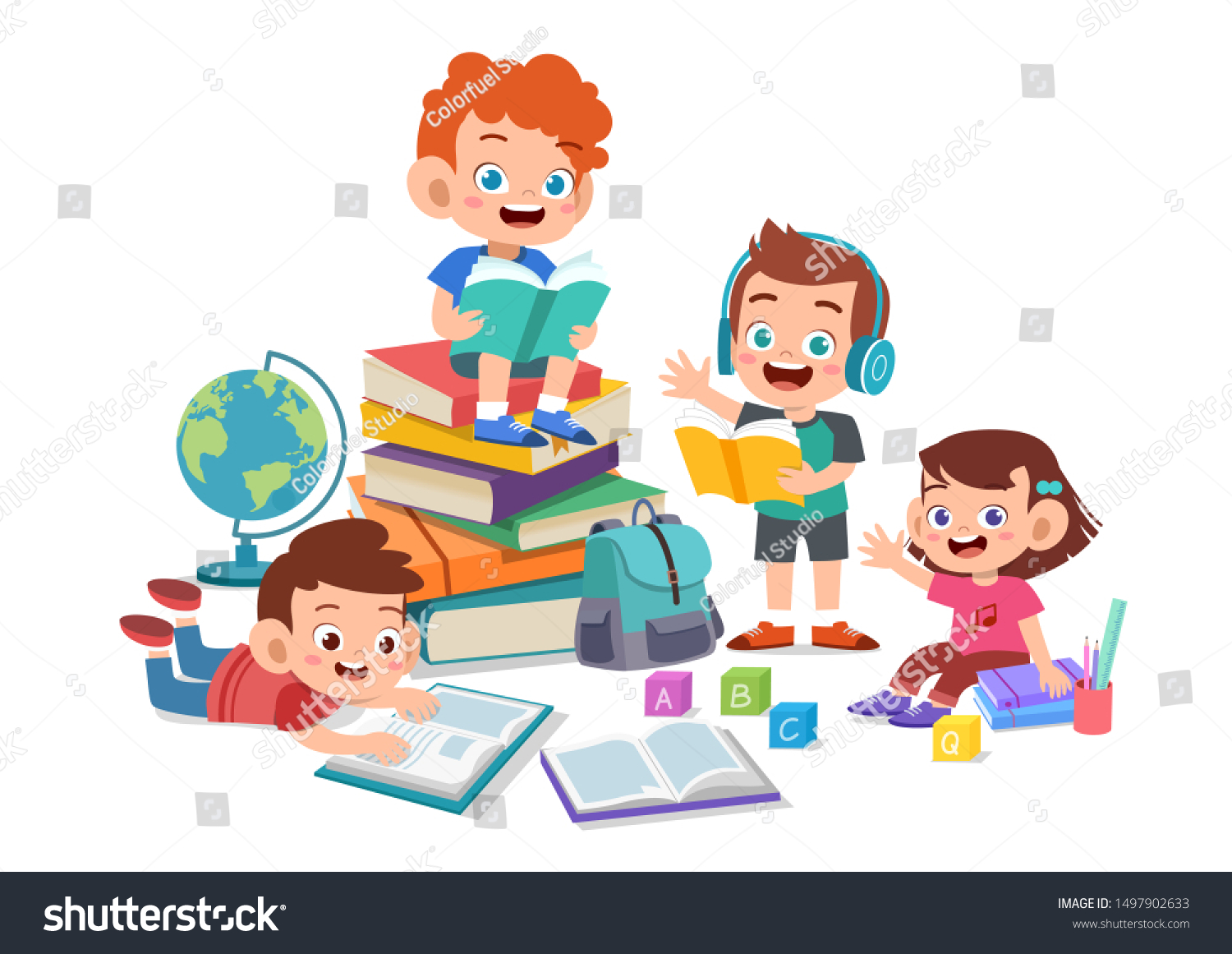 Happy Kids Read Book Study Together Stock Vector (Royalty Free ...