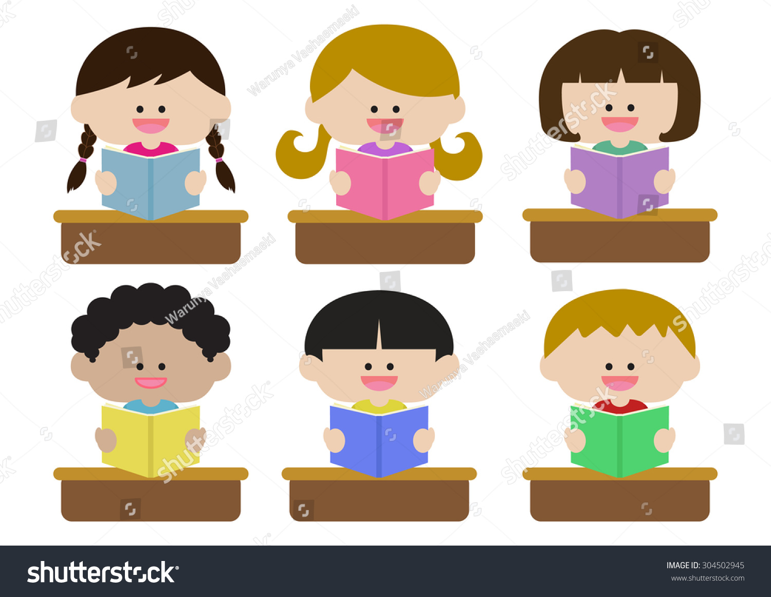 Happy Kids Reading Books On Table Stock Vector (Royalty Free) 304502945 ...