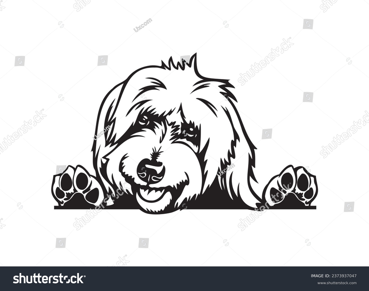 SVG of Happy Labradoodle peeking dog. Goldendoodle dog portrait. Black and white vector illustration. svg