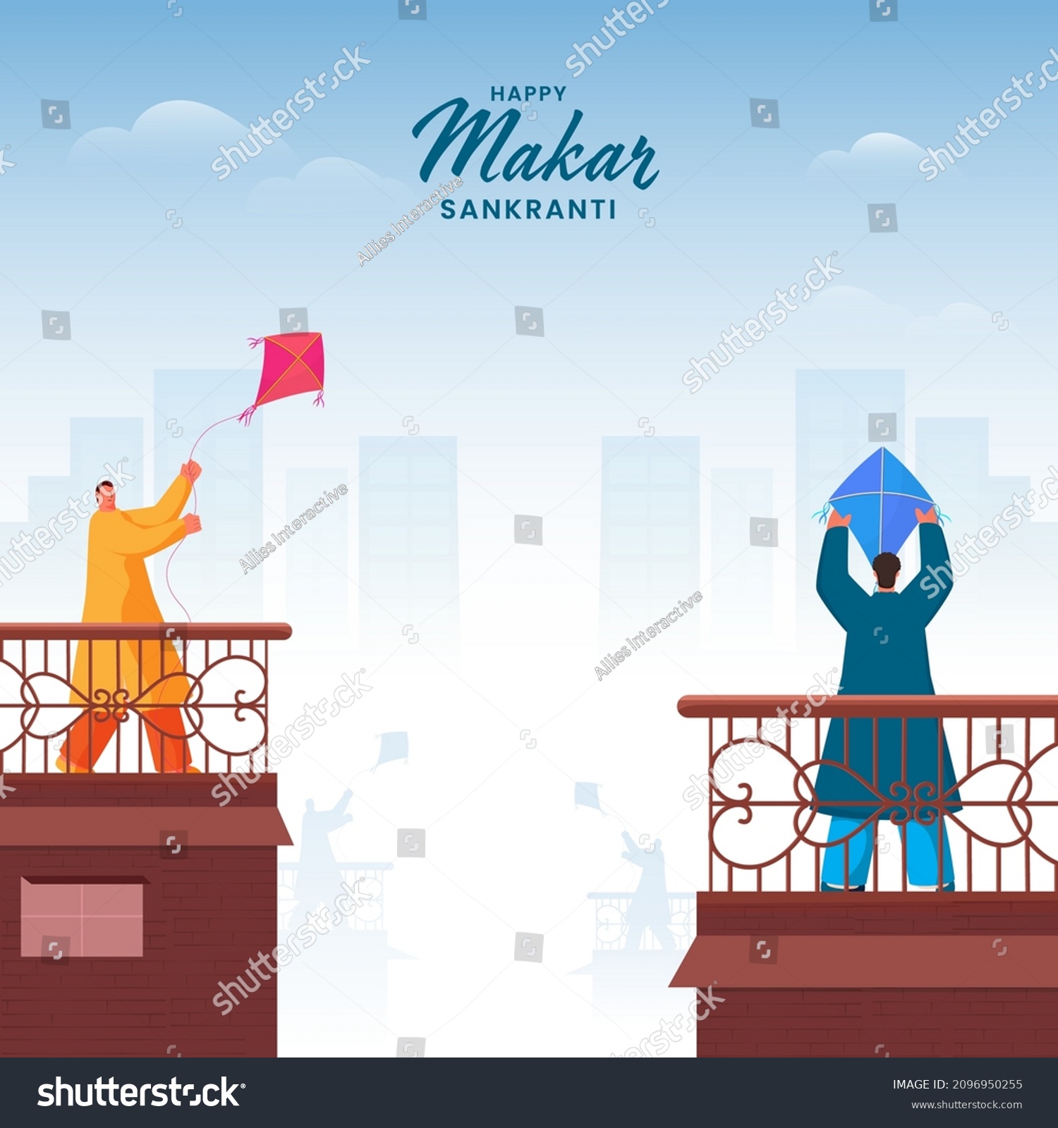 SVG of Happy Makar Sankranti Celebration Background With Cartoon Men Flying Kites On Their Roof. svg