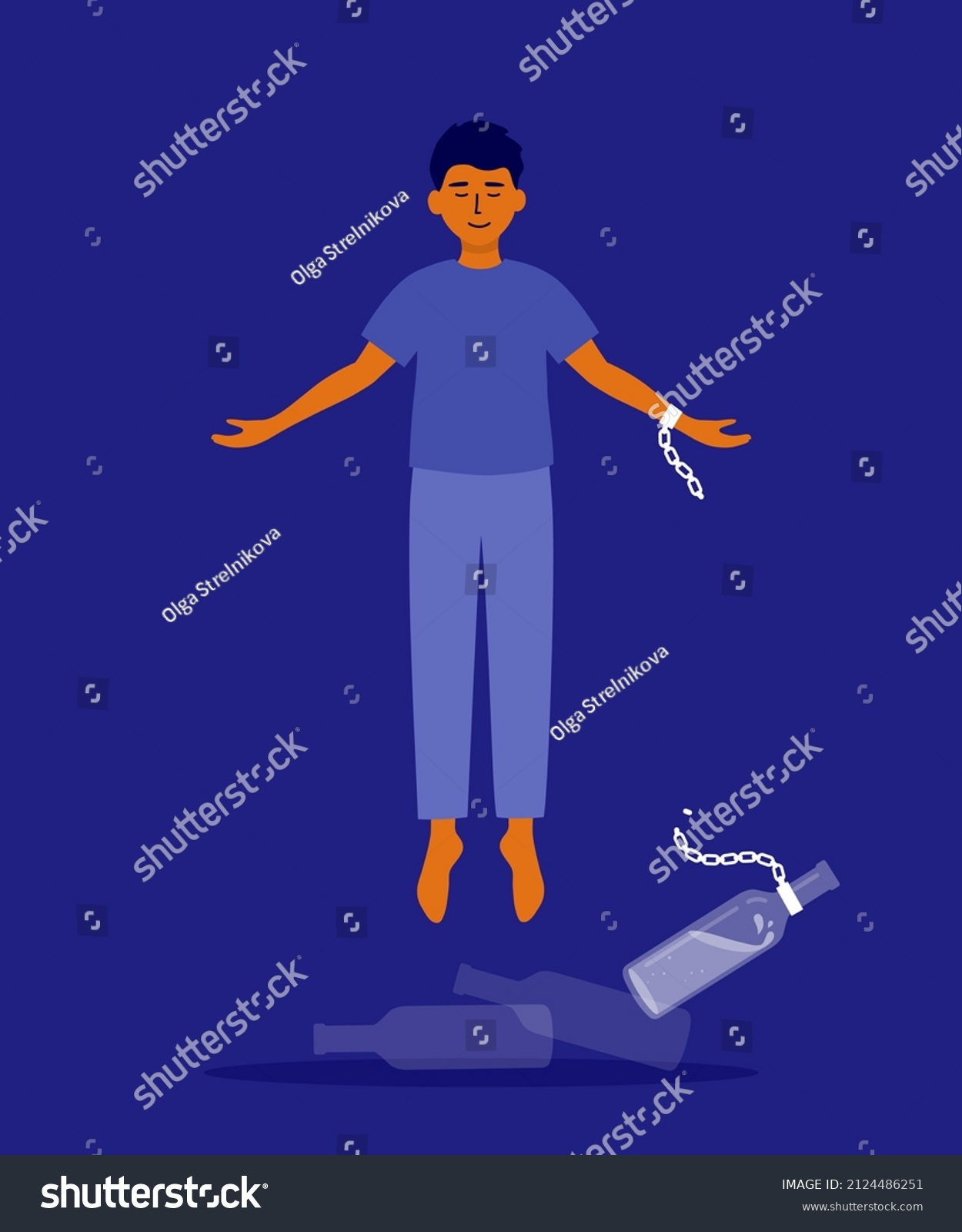 SVG of Happy man flying after release from alcohol addiction. Male healthy life, freedom, liberation vector illustration. Alcoholics anonymous help. Guy breaks chain with bottle linked to hand. No drink life svg