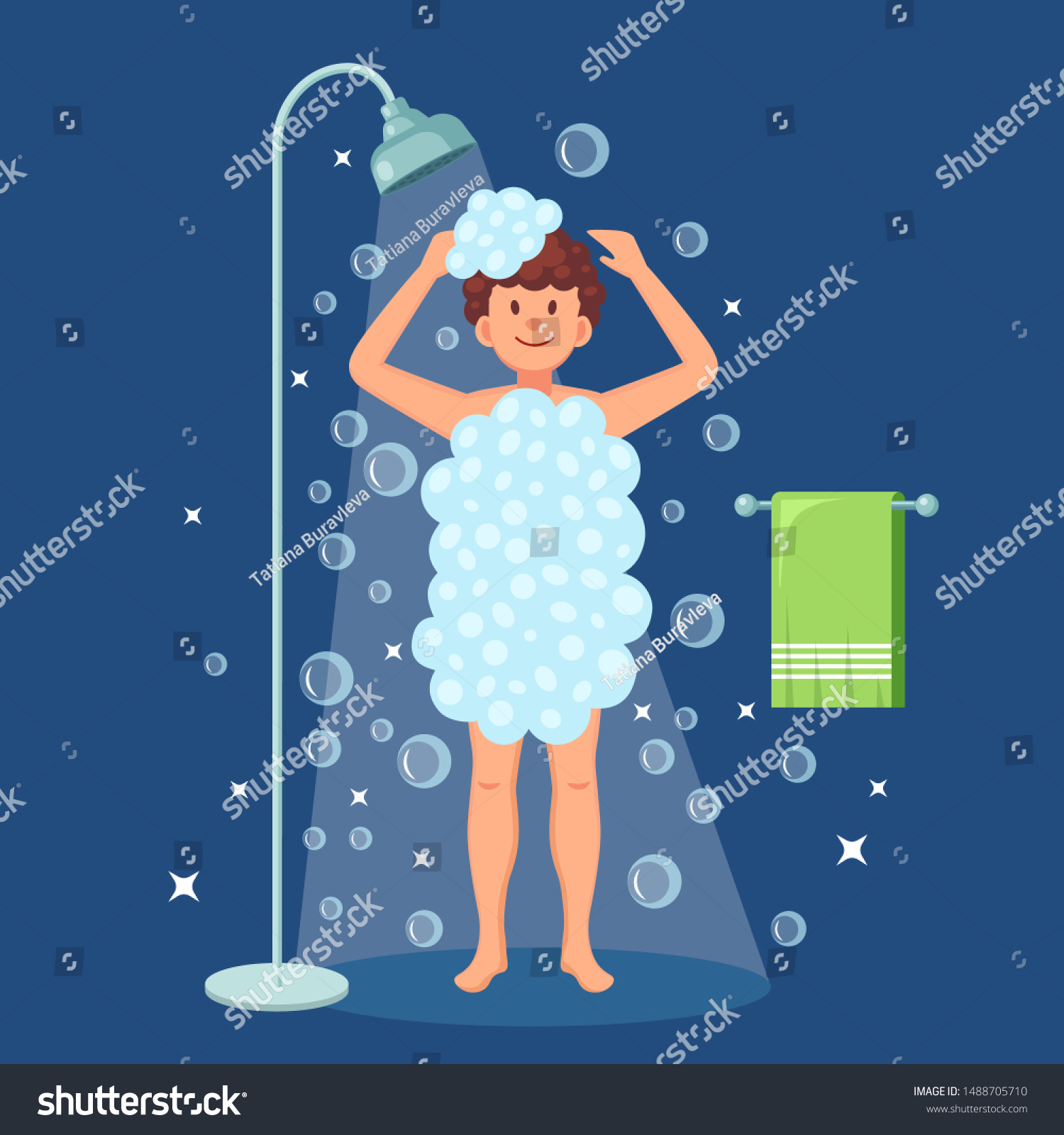 Happy Man Taking Shower Bathroom Foam Stock Vector Royalty Free 1488705710 3163