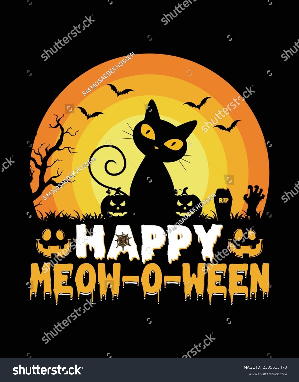 SVG of Happy Meow-o-ween Halloween Retro Vintage T Shirt Design Vector svg