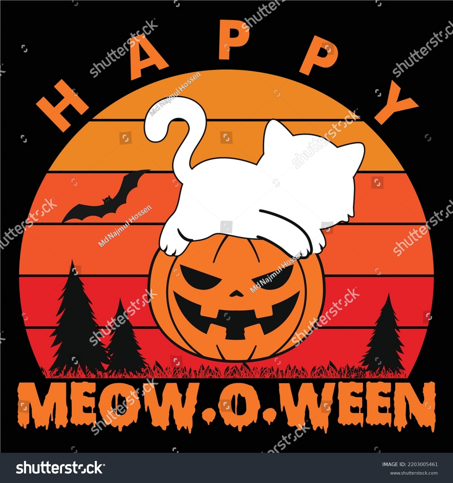 SVG of Happy Meow. O, Ween, Happy Halloween Shirt Print Template, Witch Bat Cat Scary House Dark Green Riper Boo Squad Grave Pumpkin Skeleton Spooky Trick Or Treat svg