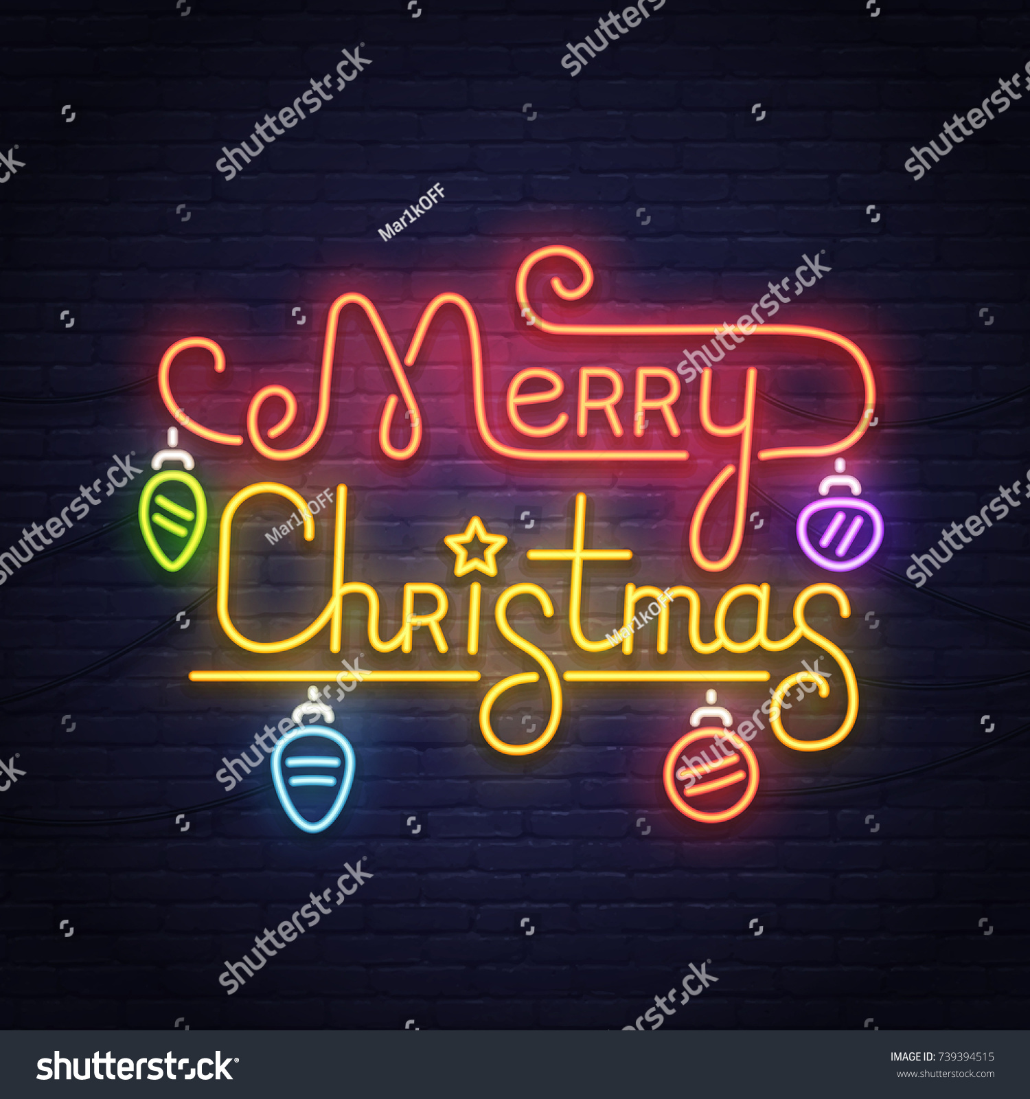 Happy Merry Christmas Neon Sign Night Stock Vector (Royalty Free) 739394515