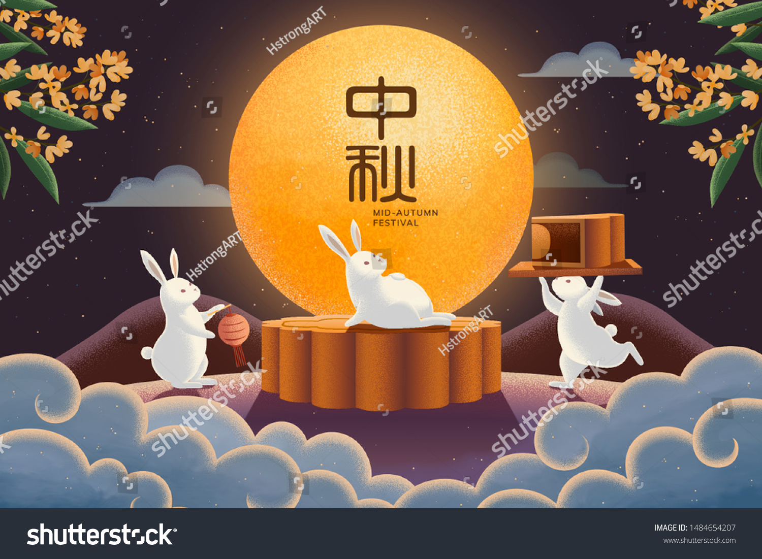 Happy Midautumn Festival Cute Rabbits Enjoying Stock Vector (Royalty ...