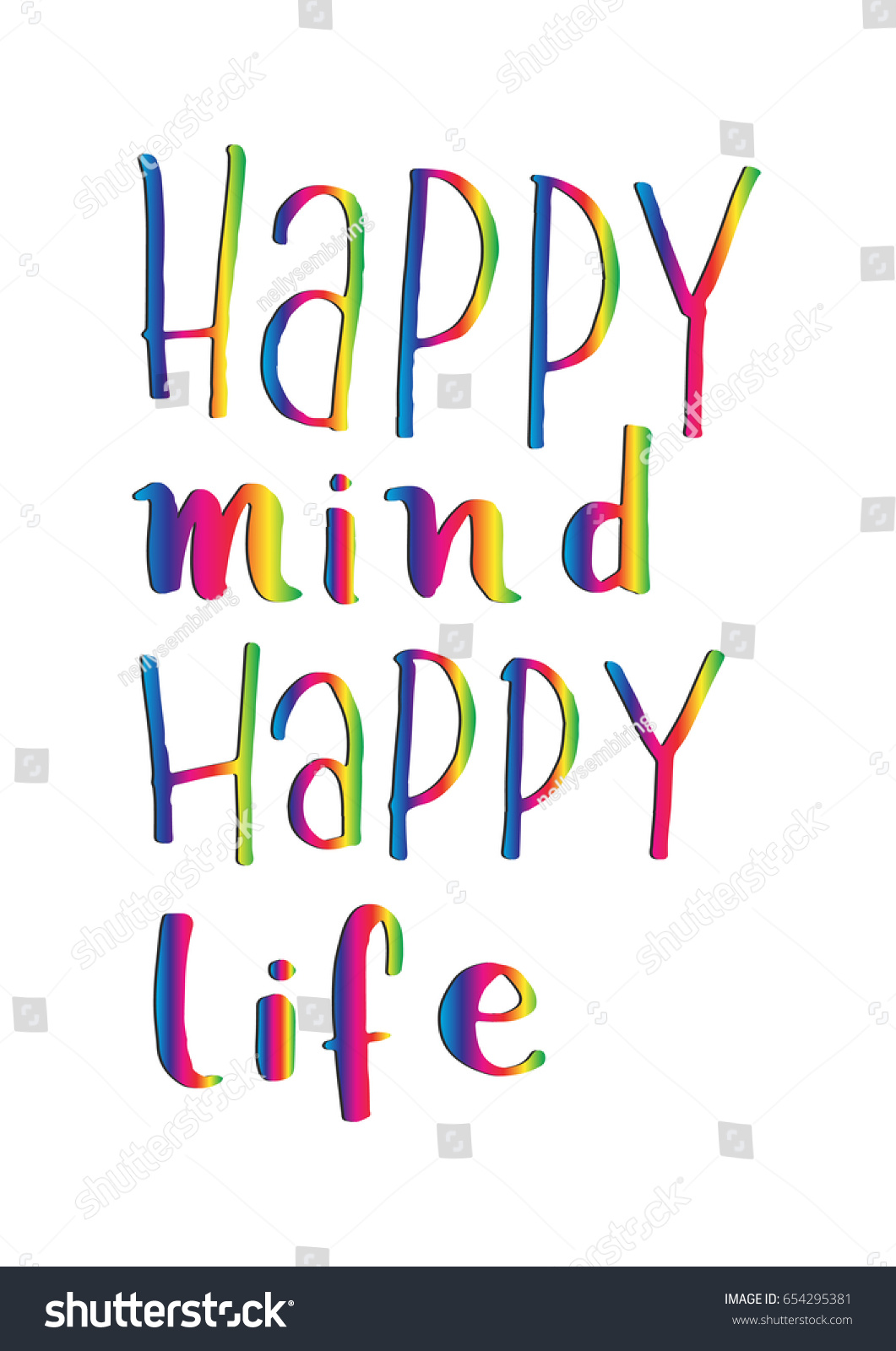 Happy Mind Happy Life on White Background Hand Lettering Modern Calligraphy Handwritten Inspirational