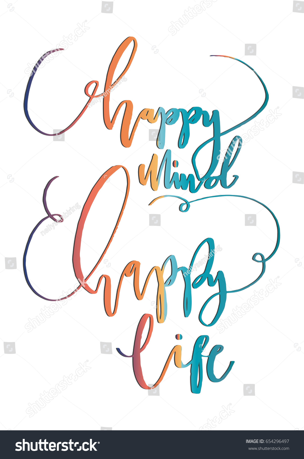 Happy Mind Happy Life on White Background Hand Lettering Modern Calligraphy Handwritten Inspirational