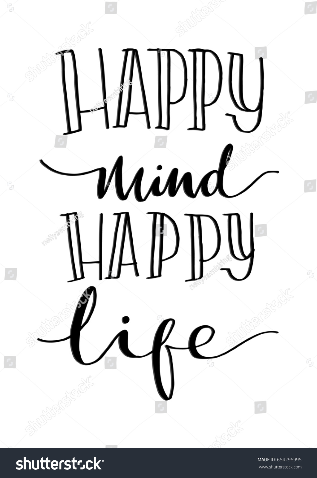 Happy Mind Happy Life on White Background Hand Lettering Modern Calligraphy Handwritten Inspirational